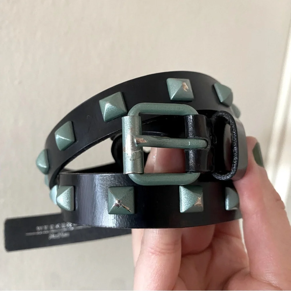 MaxMara Weekend Black Thin Leather Belt with Mint Green/Blue Distressed Studs